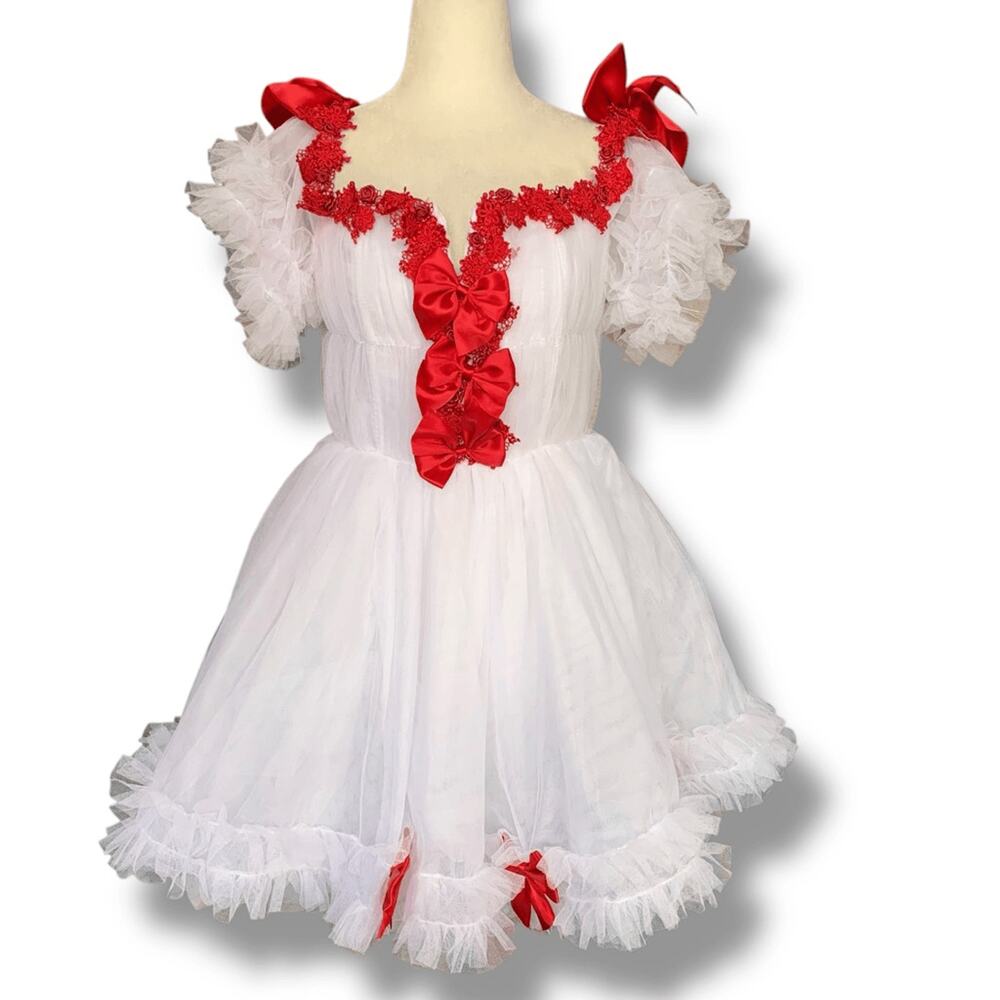Sugar Thrillz Coquette Tulle Babydoll Dress Red Bow Puff Sleeve Mini Dollcore
